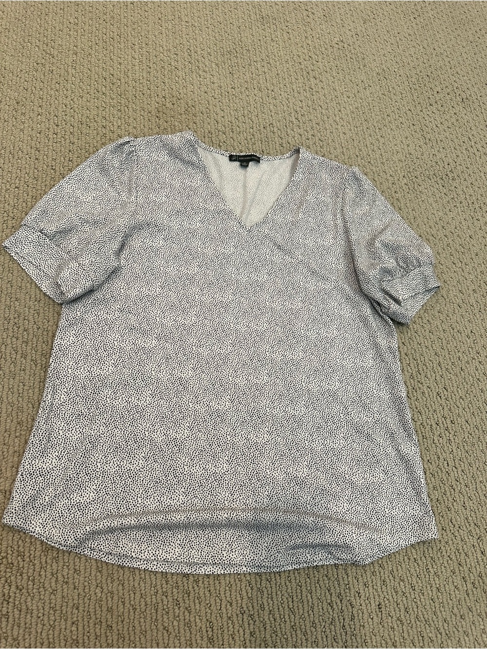 Adrianna Papell White and Blue Microdot V-Neck Short Sleeve Blouse